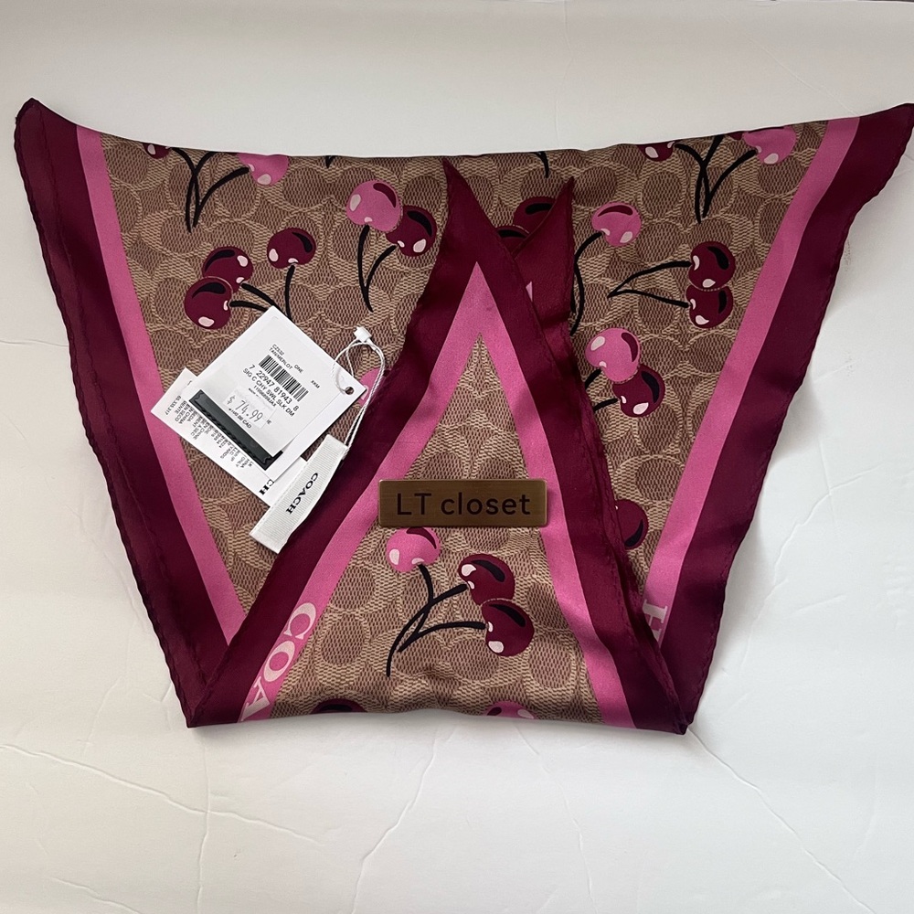 New Coach Signature Cherry Swirl Print Silk Diamond Scarf - Picture 3 of 5